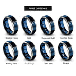 font options for inside engraving on blue & gray factory robot cell rings