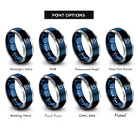 font options for inside engraving on blue & gray factory robot cell rings