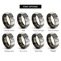 font options for inside engraving on gunmetal & silver feather pair crossing rings