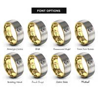 font options for inside engraving on gold & gray february violet rings