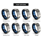 font options for inside engraving on black & blue & grey female archer draw rings