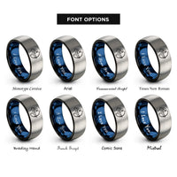 font options for inside engraving on black & blue & grey female archer draw rings