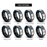 font options for inside engraving on black & blue & grey female runner sprinting rings
