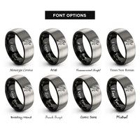 font options for inside engraving on black & gray female runner sprinting rings