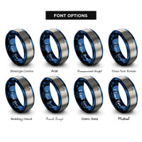 font options for inside engraving on blue & gray female runner sprinting rings