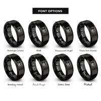 font options for inside engraving on black fibonacci spiral dotwork rings