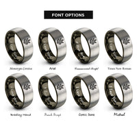font options for inside engraving on gunmetal & grey fir branch pinecone rings