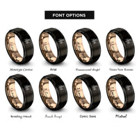 font options for inside engraving on black & rose gold first dance dip rings