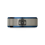 personalized presents for him – blue & gray tungsten film camera wedding band