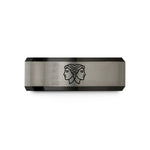 custom wedding present ring – black & blue & grey tungsten twins facing heads wedding band
