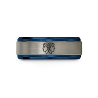 couples anniversary present ideas – blue & gray tungsten twins facing heads wedding band