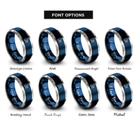 font options for inside engraving on blue & grey fish surfboard wave rings