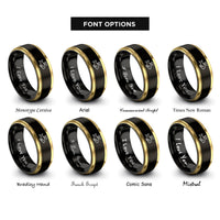font options for inside engraving on black & gold fish tag halo rings