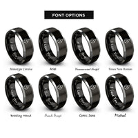 font options for inside engraving on black & gray flame icon rings