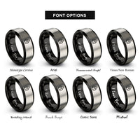 font options for inside engraving on black & silver flame icon rings