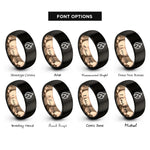 font options for inside engraving on black & rose gold flame icon rings