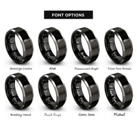 font options for inside engraving on black & gray floral cello rings