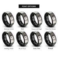 font options for inside engraving on black & silver floral heart wreath rings