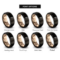 font options for inside engraving on black & rose gold floral violin rose rings