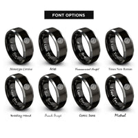 font options for inside engraving on black & silver flow field streamlines rings