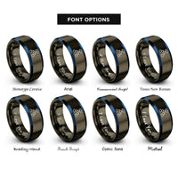 font options for inside engraving on gunmetal & blue flowchart nodes rings