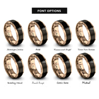 font options for inside engraving on black & rose gold footprint trail heart rings