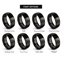font options for inside engraving on black footprint trail heart rings