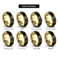 font options for inside engraving on black & gold footprints heart infinity rings