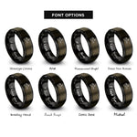 font options for inside engraving on gunmetal & black footprints trail arrow rings