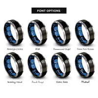 font options for inside engraving on black & blue & gray forest pines badge rings