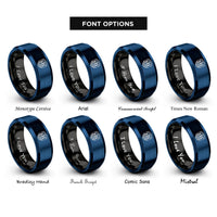 font options for inside engraving on black & blue forest pines badge rings
