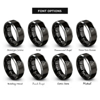 font options for inside engraving on black & grey forest pines trio rings