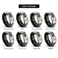 font options for inside engraving on black & gray forest pines trio rings