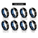 font options for inside engraving on black & blue & grey forest river circle rings