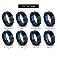 font options for inside engraving on black & blue forget me not bloom rings
