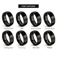 font options for inside engraving on black forget me not bloom rings