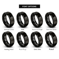 font options for inside engraving on black forget me not bloom rings