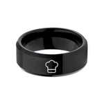 custom message on ring – black tungsten chef hat wedding band