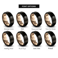 font options for inside engraving on black & rose gold frisbee paw print rings