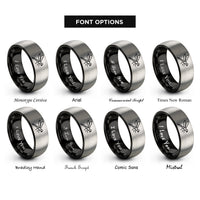 font options for inside engraving on black & silver geometric dragonfly rings