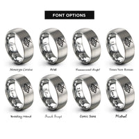 font options for inside engraving on gray geometric moth rings