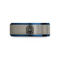personalized rings for couples – black & blue & grey tungsten tunnel portal wedding band