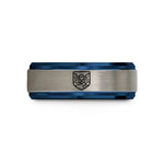 engraved rings for couples – black & blue & silver tungsten canyon badge wedding band