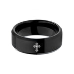 unique presents for women – black tungsten cathedral window cross wedding band