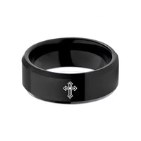 unique presents for women – black tungsten cathedral window cross wedding band