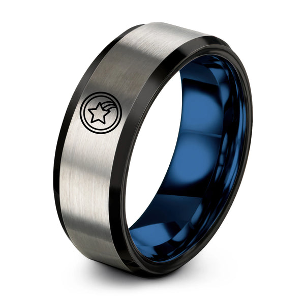 Tails Coin Star – Tungsten Wedding Band, 8 mm, Gray, Blue Comfort-Fit Unisex