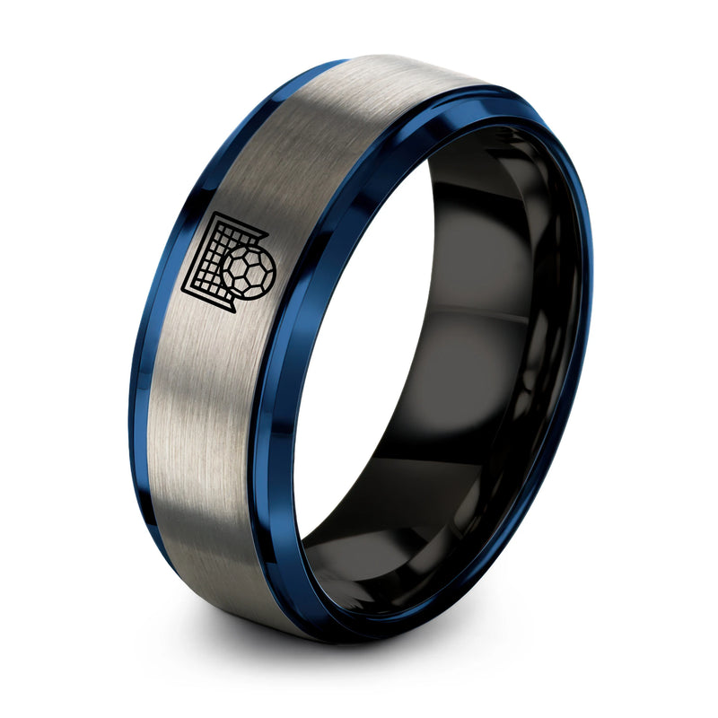 Handball Ball Goal – Tungsten Wedding Band, 8 mm, Silver, Blue Comfort-Fit Unisex