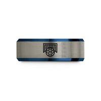 husband anniversary ring ideas – black & blue & silver tungsten handball ball goal wedding band
