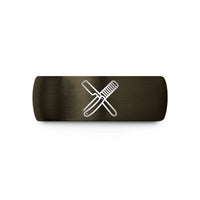 unique presents for men – gunmetal & black tungsten razor comb badge wedding band
