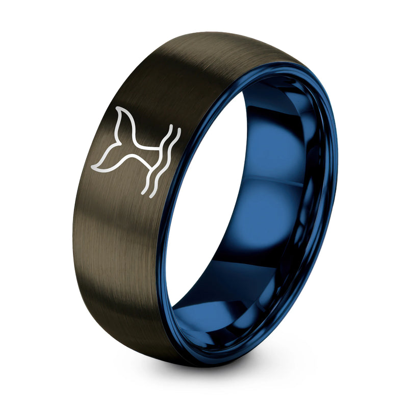 Whale Tail – Tungsten Wedding Band, 8 mm, Blue, Gunmetal Comfort-Fit Unisex